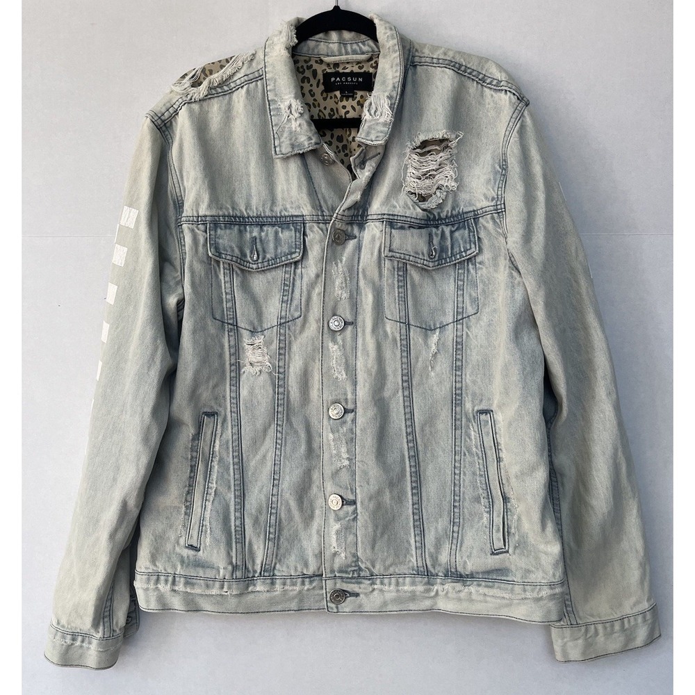Pacsun Jacket Mens Large Denim Jean Blue Faded‎ Distressed Leopard